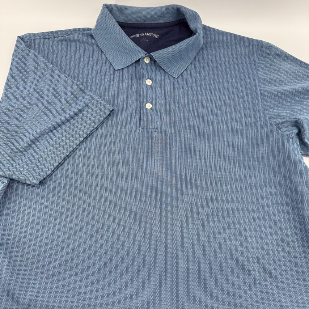 Johnston & Murphy‎ Polo Shirt Men L Blue Textured Vertical Stripe Pima Cotton